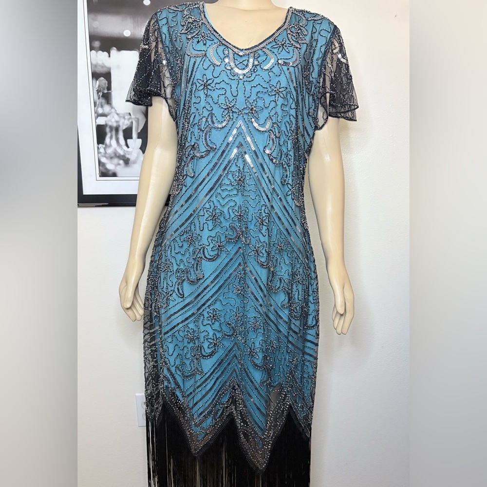 Teal & Black Sequin Embellished Fringed Flapper Gatsby Dress Size 3XL